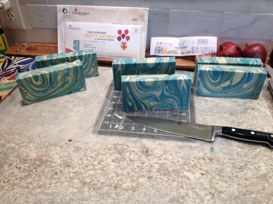 This is my slab, cut into thirds and then sliced horizontally. Each cut yielded 3 bars of soap.